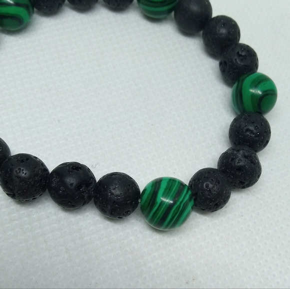Lava Bead and Gren Marble Bead Stretchy Bracelet NEW Handmade Unisex - Picture 2 of 4